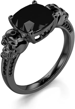Jeulia Skull Engagement Rings Eternal Love Gothic Black Sterling Silver Cushion Cut Diamond Wedding Rings Halloween Classic Retro Skull Gifts for Women Jewelry with Giftbox (Black-1, O-½)