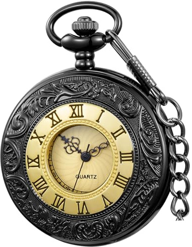 Tiong Men's Unique Black and Gold Color Quartz Pocket Watch Roman Numerals Scale Pocket Watches with Chain for Men Women
