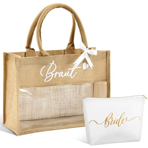 Xuniea 2 Pezzi Regalo Nuziale Borsa Tote da Sposa in Iuta 35 x 25 x 13 cm Borsa Cosmetica per Futura Sposa Clutch in Iuta JGA da Cerimonia per Matrimonio Addio al Nubilato(Trasparente ed elegante)