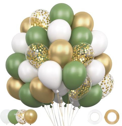 Ballons Anniversaire Vert Or Blanc - 62 Pcs 12 Pouces Ballon Vert Sauge, Blanc, Doré et Golden Confettis, Ballon Helium pour Decoration Anniversaire, Baby Shower Decoration,Deco Mariage