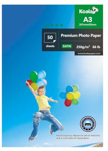 KOALA - A3 satinfotopapper, 250 g/m², 50 ark med avancerad satinhartsbeläggning för Canon Hp Epsons bläckstråleskrivare