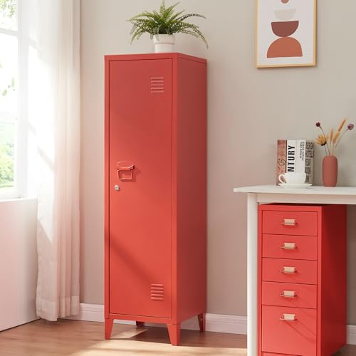 [en.casa] Armadio da Ufficio con Anta e Serratura Mobile in Acciaio per Archivio con 3 Scomparti Armadio da Spogliatoio 137 x 38 x 38 cm Rosso