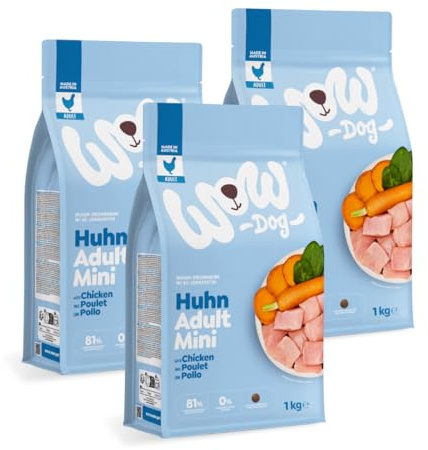 WOW Dog Hunde Trockenfutter Minis Huhn | für ausgewachsene Hunde, 32% Fleischanteil, getreidefrei | 1 kg / 3er Pack