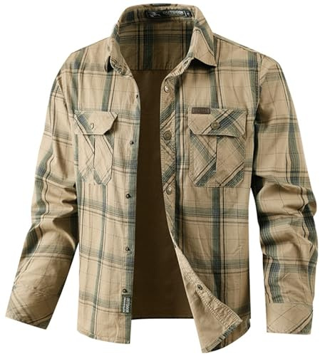 PADOLA Chemise à Carreaux Homme Surchemise Bucheron avec Poches Poitrine Boutonnée Chemises Manches Longues Cowboy Western Chemisette Vintage Cargo Chemise Veste Legere mi Saison (0 Kaki, S)