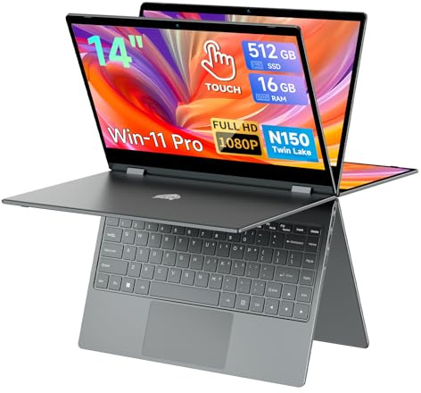 BMAX Ordenador Portátil 2 en 1 Intel N150 CPU PC Portatil 16GB RAM 512GB SSD Laptop Pantalla Táctil Win 11 Teclado Retroiluminado Giro de 360° BT5.0, Tipo C, USB 3.2 Protege el Teclado Español