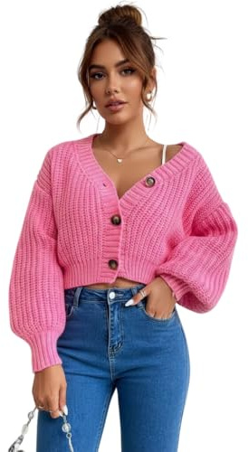 LUXFAB Womens Balloon Sleeve Chunky Knitted 3 Button Crop Cardigan V Neck Stretchy Fisher Knit Sweater Winter Warm Fancy Party Wear Top UK 8-14 Size (UK, Alpha, One Size, Regular, Regular, Neon Pink)