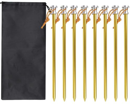 BEAZOOM Estacas de aluminio resistentes de 23 cm con cuerda, 8 estacas de camping, arena, barro, hierba, nieve, anclajes de suelo, senderismo, color amarillo