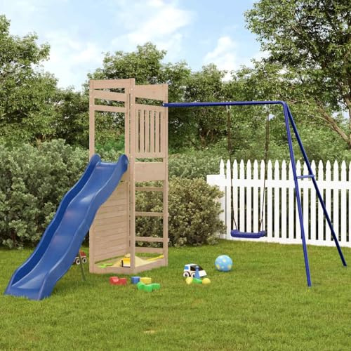 mzdioop Torre de juegos de madera maciza de pino con columpio, tobogán ondulado, pared de escalada y caja de arena, juguete de jardín para niños, patio de juegos al aire libre en el jardín, terraza