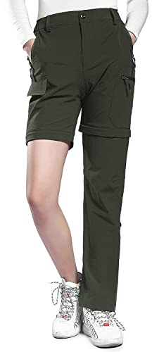 Hiauspor Pantalon de randonnée convertible léger à séchage rapide pour femme - Pantalon extensible UPF 50+, vert militaire, Taille XL