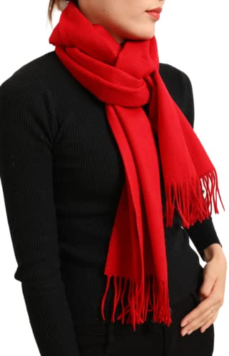 Prettystern Bufanda Larga de Lana Unicolor con Flecos para Otoño Invierno Hombre Mujer - Rojo