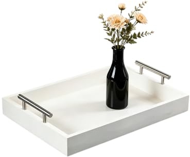 Juleduo Serving Tray 16.5“X 13“ Deluxe Wooden Ottoman Food Tray for Eating, Dinner Trays for Eating on Couch Tray,Coffee Table with Polished Silver Metal Handles-4 Round Coasters Included, White