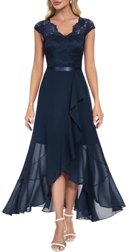 Bbonlinedress Abendkleid elegant für Hochzeit Spitzenkleid Chiffon Kleid Brautkleid Party Abschlusskleid lang Winter Ballkleid Navy M