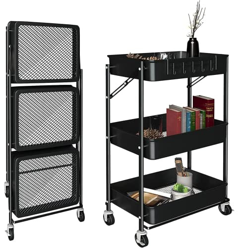 Carrito de Cocina Auxiliar. Carro Verdulero Plegable, Multiusos. Estantería de Cocina con Ruedas. Carro de Servicio con 3 Niveles de Almacenaje para el Hogar, Baño, Salón, Terraza, Manualidades.