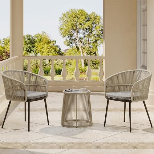 EAST OAK Breezeway 3-Piece Patio Bistro Set, Patio Chairs Bistro Set with 2 Wide Ergonomic Chairs, Cushions & Glass Top Side Table, Outdoor All-Weather Wicker Furniture for Balcony, Brown & Grey