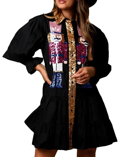 Acrawnni Womens Christmas Sequin Nutcracker Dress Long Sleeve Tiered Glitter Nutcracker Print Holiday Mini Shirt Dresses (A-Black, M)