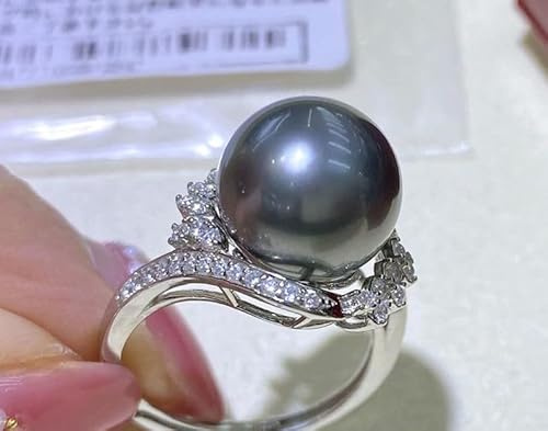 925 Sterling Silver Cut Large 12mm Black Pearl Freshwater Pearl Ring AAA Zircon Black Pearl Lady Ring Adjustable Open Anniversary Engagement Rings for Women Simple Style Vintage Ring