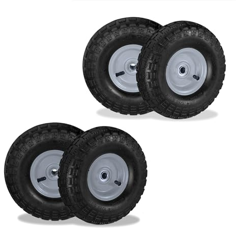 Relaxdays 4 Ruedas de Carro, 4.10/3.50-4, Neumáticas, Eje 16 mm, 136 kg, Llantas de Acero, 260 x 85 mm, Negro y Gris