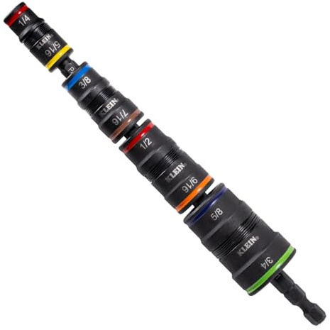 Klein Tools 32934 Impact Driver, 9-in-1 SAE Impact Socket Set, 4 Flip Sockets with 1/4, 5/16, 3/8, 7/16, 1/2, 9/16, 5/8, and 3/4-Inch Nut Driver Sizes with Bit Holder, 6-1/2-Inch Shaft