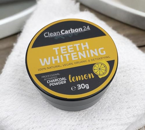 CleanCarbon24® Polvo Dental Vegano y Sin Flúor – Blanqueador con Carbón Activado y Limón | Cosmética Dental Orgánica para Dientes Radiantes y una Sonrisa Detox Natural