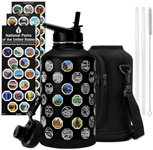XccMe 64 oz National Parks Water Bottle with Stickers,Half Gallon Insulated Stainless Steel Metal Bottle with 2 Lids,Waterproof Stickers,Sports Water Jug,Leakproof,For Travel,School,Sports,Black