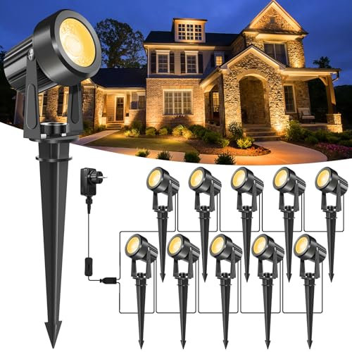 NATPOW Spot LED Extérieur, 10 en 1 3000K Eclairage Exterieur, 27V Lampes de Jardin avec 23M Cordon d'alimentation et Adaptateur, Étanche IP65 Lampe de Jardin Décorative pour Pelouse, Chemin