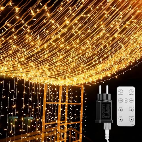 BESCOST Tenda Luminosa 12Mx3M 1200LED Luci Natale Esterno Prolungabile 8 modalità, 4 livelli di Luminosità 3 Timer Tenda Luci Esterno per Natale, Giardino e Matrimonio IP44 Impermeabile