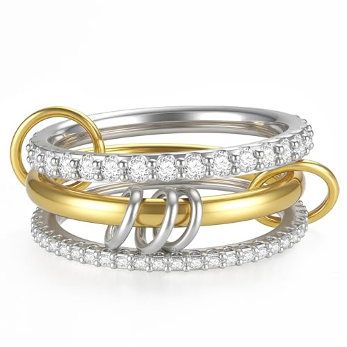 Emibele Anelli Impilabili Per Le Donne, Anelli D'Oro Che Non Si Appannano, Fasce D'Argento Con Zirconia Cubica, Fasce Impilabili Miste A Due Tonalità, Regalo Di Gioielli Per Le Donne, Misura 6-10