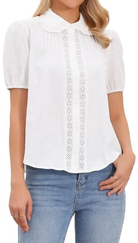 Allegra K Camicetta in cotone a maniche corte per donna con colletto Peter Pan Button Up Crochet Panel Top, bianco, XS