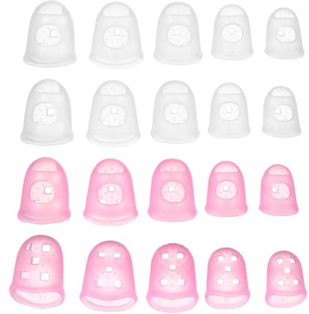 PATIKIL Rubber Finger Tips, 5 Sizes 20 Pcs Guitar Fingertip Protector Silicone Thimbles Knitting Accessories for Hand Sewing Paper Sorting Money Counting, Semi-Transparent/Pink