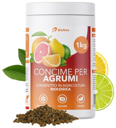 BioNee Concime per Agrumi Pellettato NPK 5-6-14 – Nutrimento Organico per Limoni, Aranci, Mandarini e Lime – Consentito in Agricoltura Biologica – 1 kg