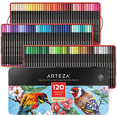 ARTEZA Rotuladores punta fina de dibujo, Juego de 120 marcadores con puntas de 0,4 mm, Ergonómicos con agarre seguro, Colores brillantes surtidos, Para colorear, dibujar y detalles