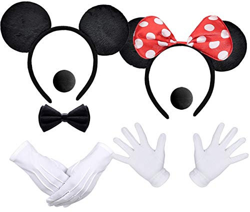 iZoeL 2Stk Haarreifen mit Maus Ohren Rote Schleife und Schwarz + 2 weiße Handschuhe + 2 Nase + 1 Fliege Schleife,Fasachingkostüme Accessoire Karneval Mottoparty Cosplay Halloween Kostüm