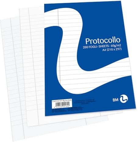 BM BeMore - A4-protokollpapper (21 cm x 29,7 cm) – 0100189 – bubbelanvändning– 60 gsm-papper – 200 ark blister – lämplig för kontorsprocedurer och klassrum