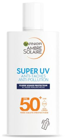 GARNIER Ambre Solaire - Fluide Visage Protecteur - Haute Protection Solaire - FPS 50+ - Protège des UVA, UVB & UVA Longs - Anti-Taches & Pollution - Acide Hyaluronique - Peaux Sensibles - 40 ml