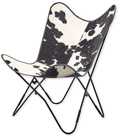 ELLA Butterfly Sessel, Kuhfell - Retro Wohnzimmer Sessel mit schwarzem Metallgestell - 75 x 90 x 75 cm (B/H/T)
