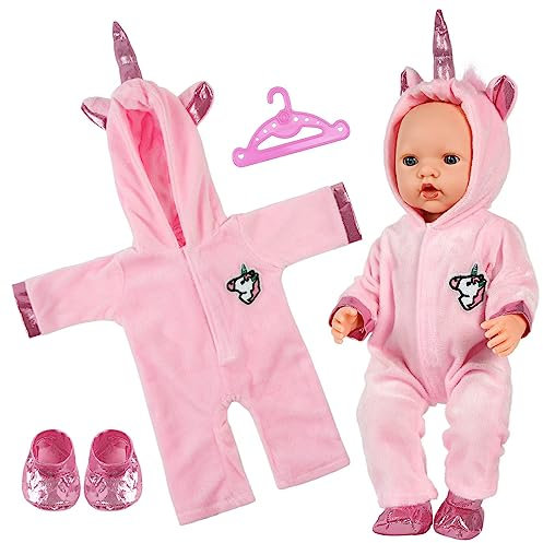 Aolso Kleidung Outfits für Baby Puppen, Puppenkleidung=Rosa Einhorn Bodysuit mit Kapuze+Socke+Zufällige Aufhänger, Puppe Zubehör für Baby Puppen 35-45 cm