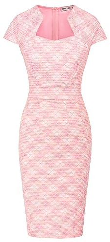 Grace Karin Robe Moulante Vintage à Manches Longues pour Femme - Crayon et péplum, Rose Clair (Carreaux), L