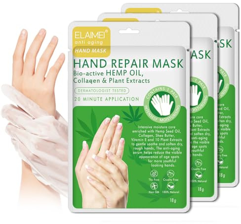Hand Mask, 3 Pcs Hands Mask Moisturizing Gloves, BIO-ACTIVE HEMP OIL + RICH MULTI-VITAMIN BLEND,Hand Skin Repair Renew Mask Infused Collagen + Natural Plant Extracts for Dry, Aging, Cracked Hands