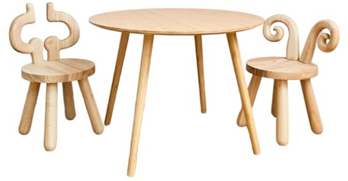 NICITA ® Barnbord med 2 trästolar – sittgrupp för barn – barngrupp – barnbord med stol – set – barnvänlig design, REH, älg, ko, kanin, får (set med 2 stolar)