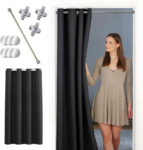 tinycurtains, Thermo Türvorhang mit Vorhangstange & Magneten zum Abdichten, einfache Montage ohne Bohren in 1 Min (195 x 150 cm schwarz + Stange Silber 55-90 cm + 6 Magnete)