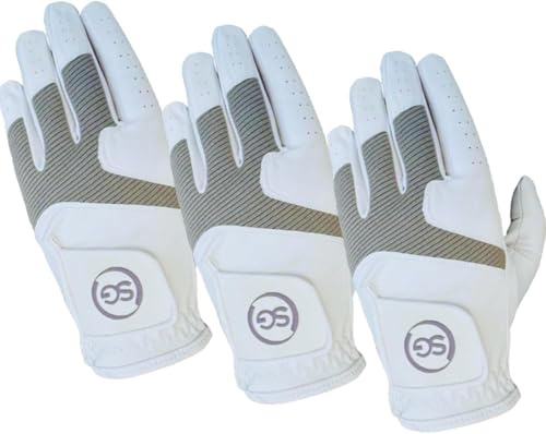 Pack of 3 Synthetic microfiber Men's Golf Gloves Cabretta Leather Thumb, Palm Patch, Suitable for All Weather Conditions, Soft Feel Grip, Left/Right Handed Golfer, White&Grey Pilot (M-L, Left)