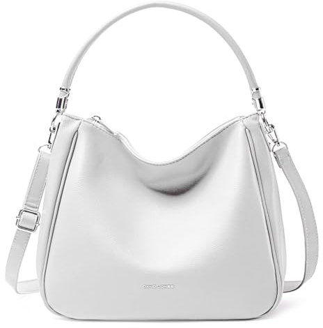 David Jones - Damen Schultertasche Hobo - Frau Umhängetasche PU Leder - Handtasche Top Griff Lange Henkel - Tasche Beuteltasche Mittelgroße - Shopper Einfache Klassische Leichte Elegante - Weiß