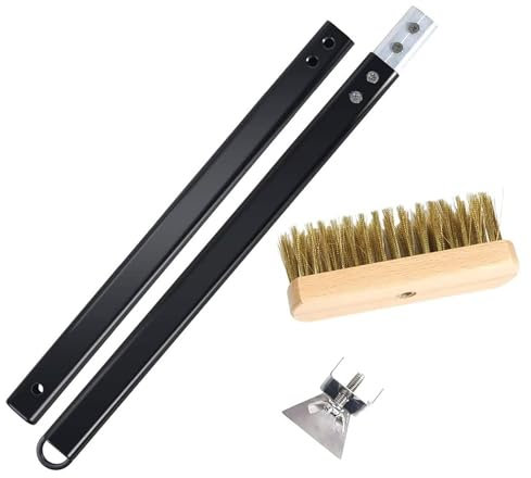 Reinigungsbürste mit Schaber und Stahlborsten für Pizza, Grill, Ofenbürste, Pizza Ofen, Pizzaofen Reinigung Messing Bürste mit Holzgriff, Messingborsten