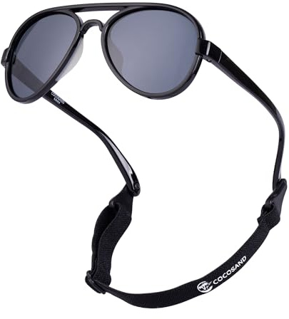 COCOSAND Baby Sunglasses with Strap Polarized Pilot Soft Silicone Nose Pads for Toddler Girls Boys Age 0-24 Months, Black