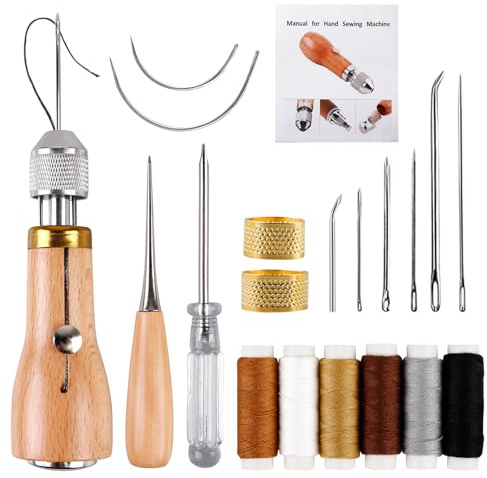 19 Pcs Kit de Costura de Cuero, Juego de Costura de Cuero, Herramientas Cuero, Incluye Hilo Encerado, Agujas de Acero, para Bricolaje Coser y Reparar de Cuero Textiles Bolsas