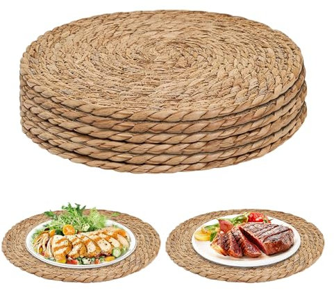 Hojalis Round Woven Placemats, Round Woven Placemats Set of 6, 30cm Handwoven Water Hyacinth Placemats, Wicker Placemat, Rattan Placemat, Braided Wicker Table Mats Dining Table, Home, Party, Wedding