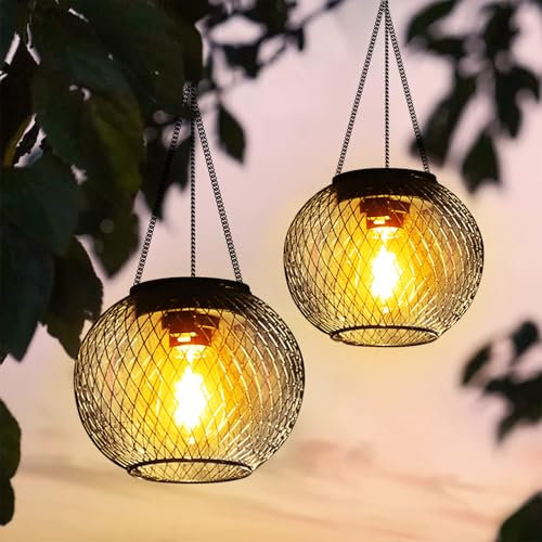 Solar Lantern Outdoor Garden, 2 Packs IP65 Waterproof Solar Garden Lantern Hanging Lights, Auto On & Off Metal Decorative Gardening Gifts for Women, Birthday Holiday Gifts for Women Mum Grandma Wife