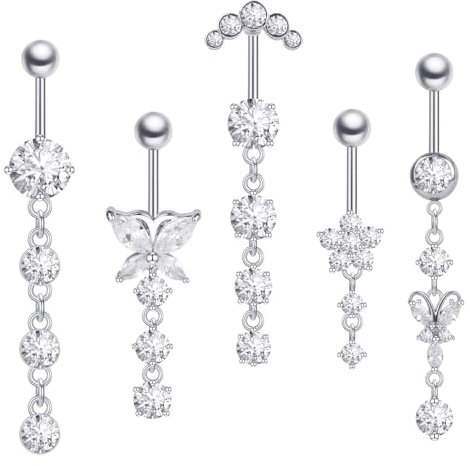 LHOEST 5 Stück Bauchnabelpiercing Set aus Chirurgenstahl Silber, Belly Piercing Bauchnabel Banane Edelstahl 12mm Stablänge mit Schmetterling, Blume & Rund Hängend Bauchpiercing