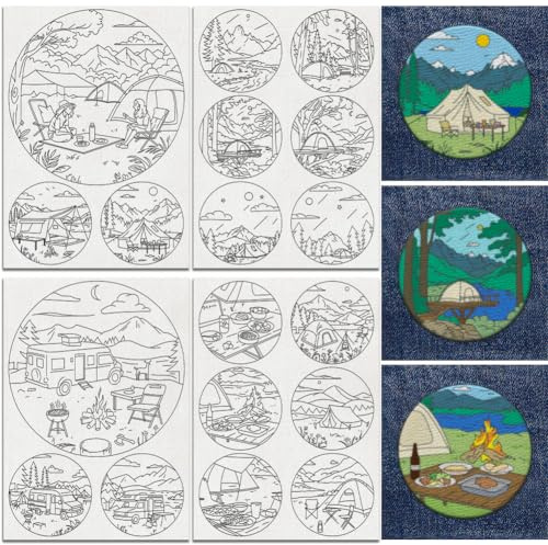 DOODLREAM 18Pcs Outdoor Camp Water Soluble Hand Sewing Stabilizers, 21 x 29.7cm Mountain Tree Camping Embroidery Pattern Stabilizer, 4 Sheets RV Picnic Travel Stick and Stitch Embroidery Paper Sticker