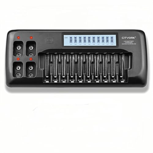 CITYORK Chargeur de batterie LCD 10 + 4 emplacements pour piles rechargeables 1,2 V AA/AAA NI-MH et piles rechargeables 9 V NI-MH/Li-ion avec protection IC intégrée